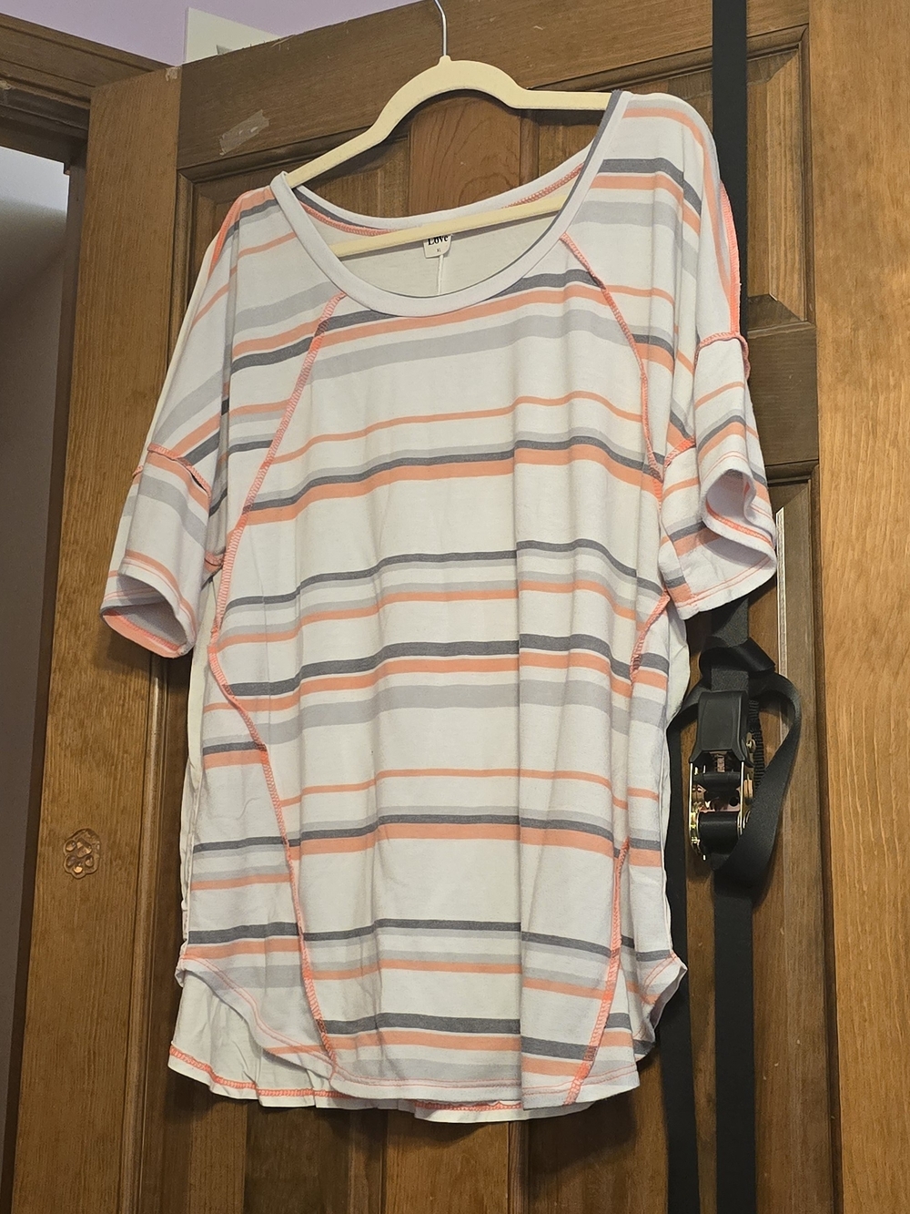 Casual Striped Short-Sleeve Top - Coral & Gray